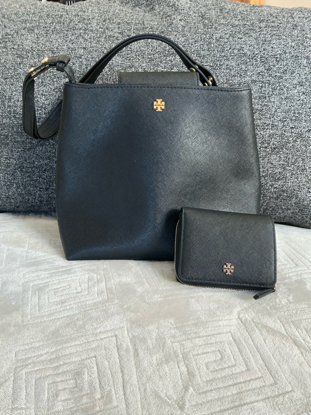 Tory Burch Black Saffiano Tote with Matching Wallet and Gold Logo
